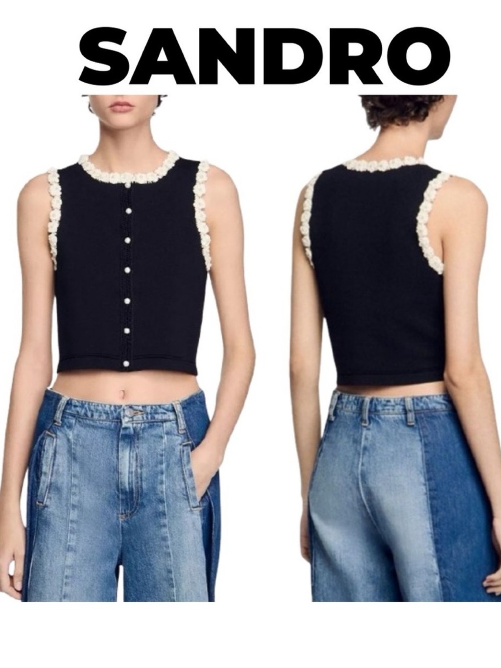 Sandro Black Cropped Knit Tank with Ivory Scallop Trim and Pearl Buttons